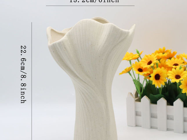 Beige Elegant Off-White Ceramic Vase - Modern Sculptural Flower Holder with Wide Fluted Opening