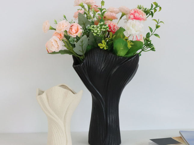 Beige Elegant Off-White Ceramic Vase - Modern Sculptural Flower Holder with Wide Fluted Opening
