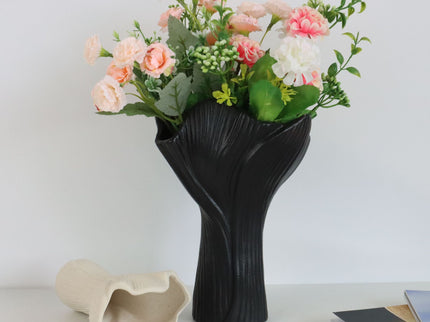 Beige Elegant Off-White Ceramic Vase - Modern Sculptural Flower Holder with Wide Fluted Opening