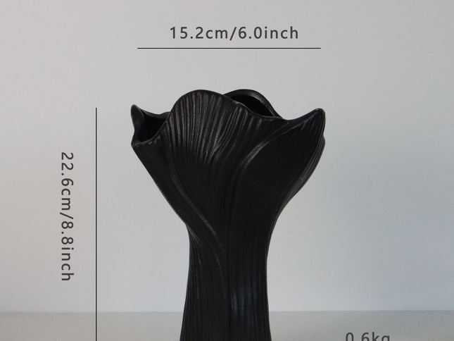 Black Elegant Off-White Ceramic Vase - Modern Sculptural Flower Holder with Wide Fluted Opening