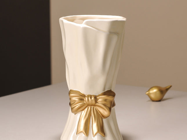 Beige Elegant Ceramic Vase with Golden Bow Accent - Textured Relief Flower Holder for Living Room & Table Decor
