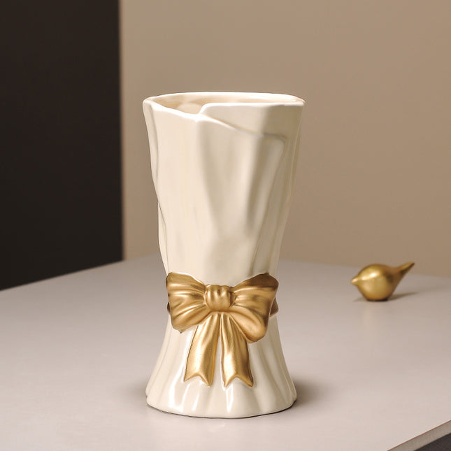 Beige Elegant Ceramic Vase with Golden Bow Accent - Textured Relief Flower Holder for Living Room & Table Decor