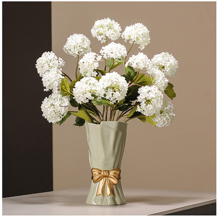 Beige Elegant Ceramic Vase with Golden Bow Accent - Textured Relief Flower Holder for Living Room & Table Decor