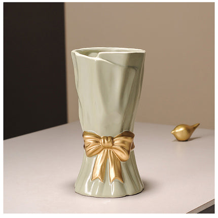 Beige Elegant Ceramic Vase with Golden Bow Accent - Textured Relief Flower Holder for Living Room & Table Decor