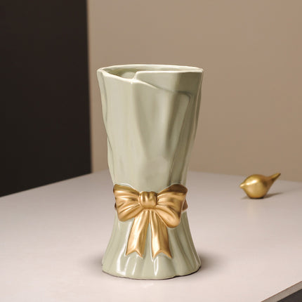 Green Elegant Ceramic Vase with Golden Bow Accent - Textured Relief Flower Holder for Living Room & Table Decor