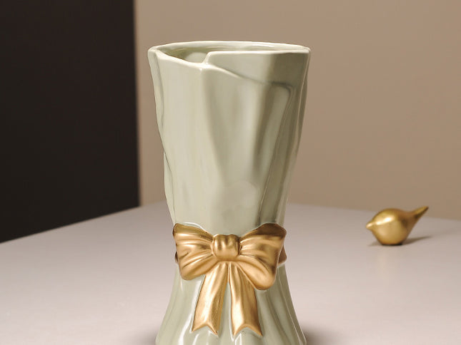 Green Elegant Ceramic Vase with Golden Bow Accent - Textured Relief Flower Holder for Living Room & Table Decor