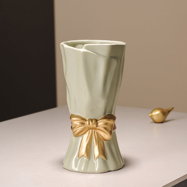 Green Elegant Ceramic Vase with Golden Bow Accent - Textured Relief Flower Holder for Living Room & Table Decor