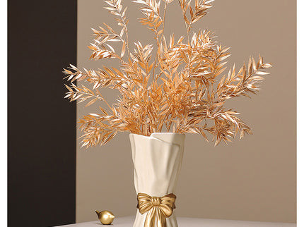 Green Elegant Ceramic Vase with Golden Bow Accent - Textured Relief Flower Holder for Living Room & Table Decor