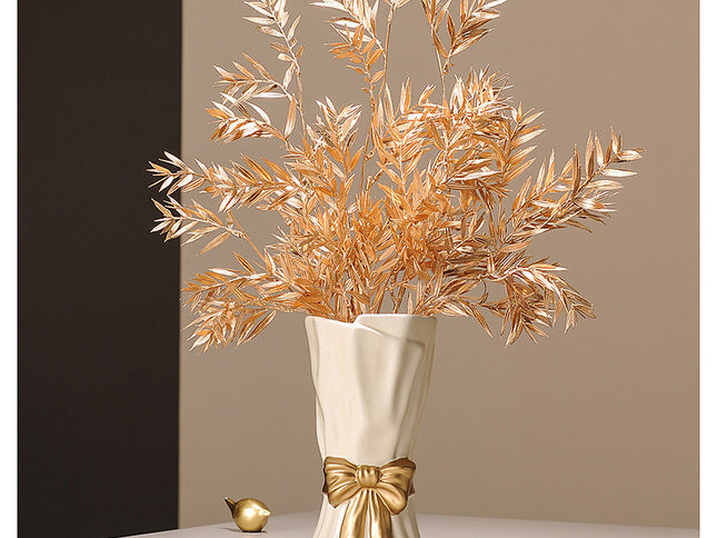 Green Elegant Ceramic Vase with Golden Bow Accent - Textured Relief Flower Holder for Living Room & Table Decor