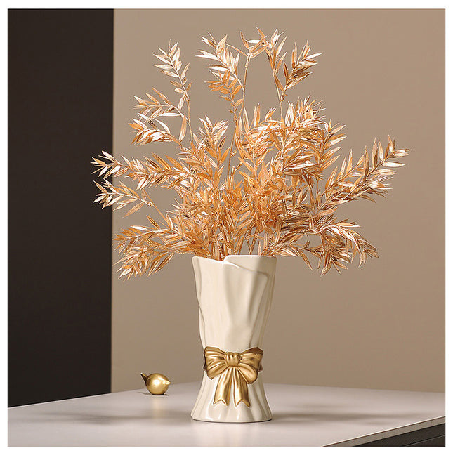 Green Elegant Ceramic Vase with Golden Bow Accent - Textured Relief Flower Holder for Living Room & Table Decor