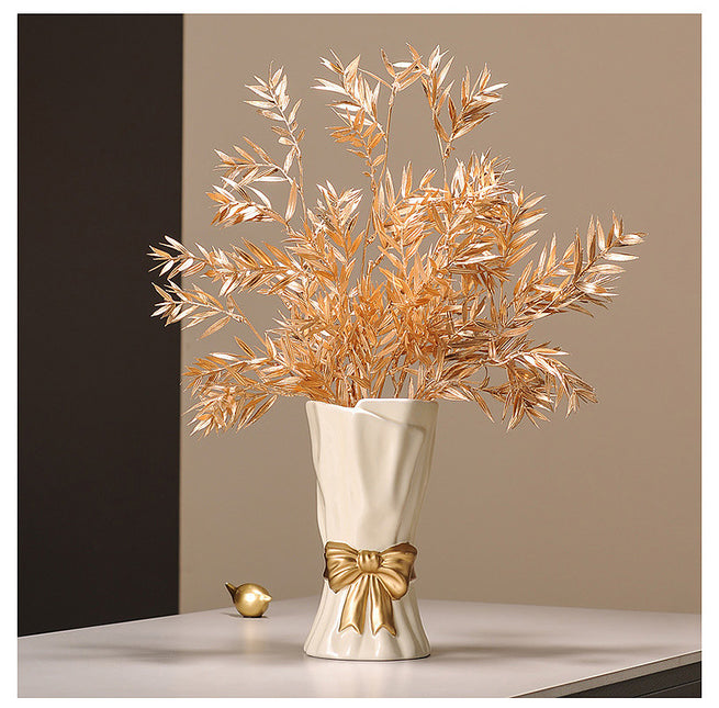 Green Elegant Ceramic Vase with Golden Bow Accent - Textured Relief Flower Holder for Living Room & Table Decor