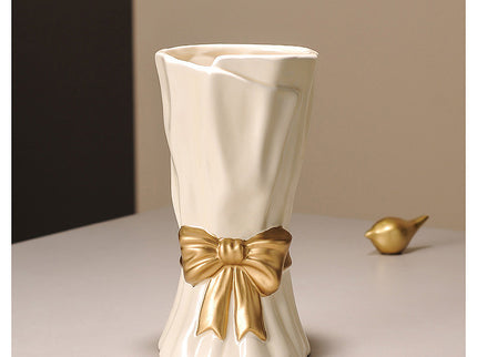 Green Elegant Ceramic Vase with Golden Bow Accent - Textured Relief Flower Holder for Living Room & Table Decor