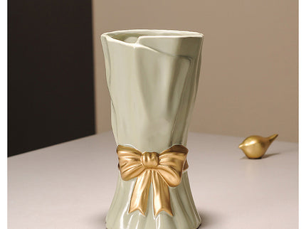 Green Elegant Ceramic Vase with Golden Bow Accent - Textured Relief Flower Holder for Living Room & Table Decor