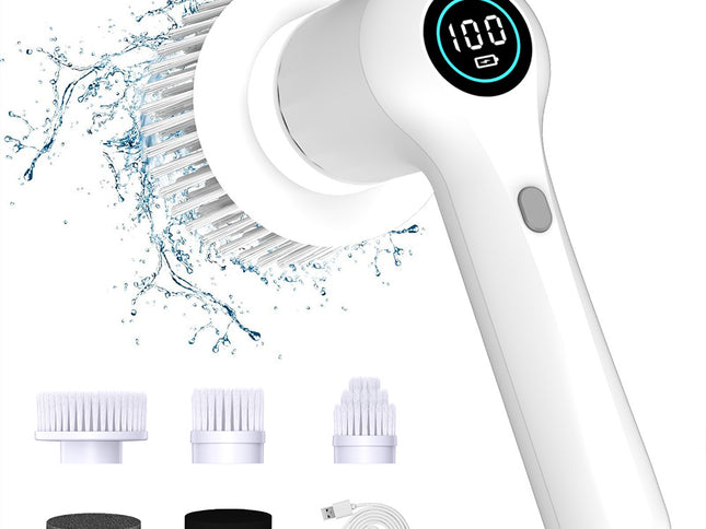 White Rechargeable Electric Spin Scrubber - Waterproof Power Cleaning Brush with 5 Heads & Digital Display for Bathroom, Kitchen & More