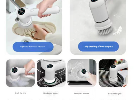 White Rechargeable Electric Spin Scrubber - Waterproof Power Cleaning Brush with 5 Heads & Digital Display for Bathroom, Kitchen & More