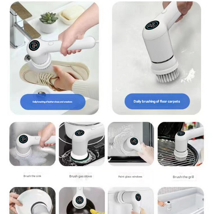 White Rechargeable Electric Spin Scrubber - Waterproof Power Cleaning Brush with 5 Heads & Digital Display for Bathroom, Kitchen & More