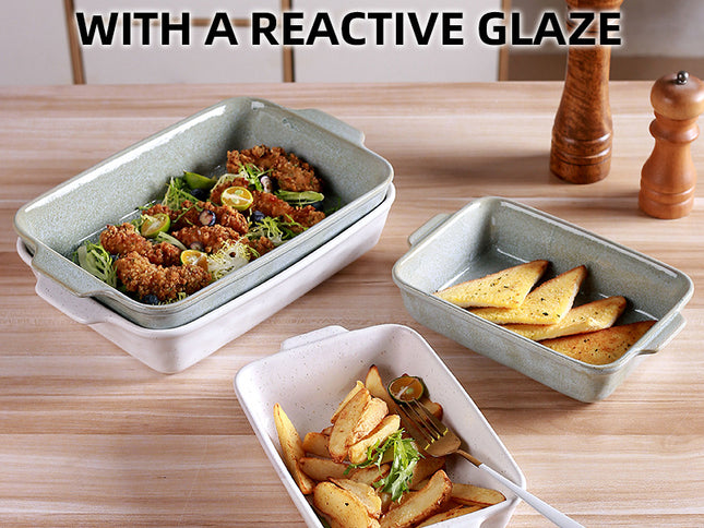 White Elegant Speckled Ceramic Rectangular Baking Dish - 800ML Oven & Microwave Safe Casserole Pan with Handles