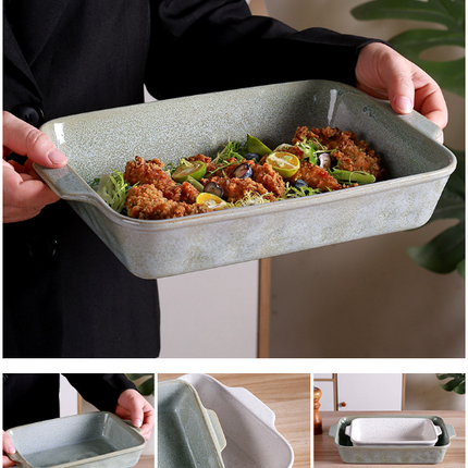 Green Elegant Speckled Ceramic Rectangular Baking Dish - 800ML Oven & Microwave Safe Casserole Pan with Handles