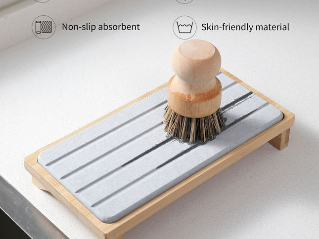 Dark Grey Natural Diatomaceous Earth Absorbent Drying Tray with Bamboo Base - Quick-Dry Stone Mat for Kitchen & Bathroom Sink