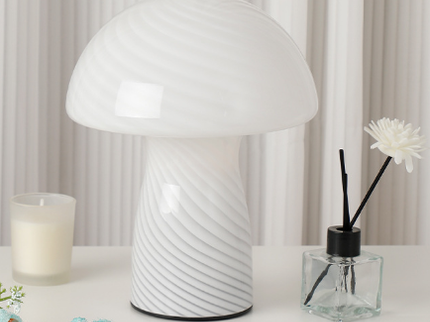 Stripe-Pure White Retro Swirl Glass Mushroom Table Lamp - LED Bedside Night Light