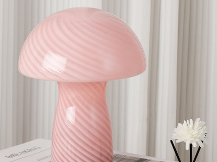 Stripe-Pure Pink Retro Swirl Glass Mushroom Table Lamp - LED Bedside Night Light