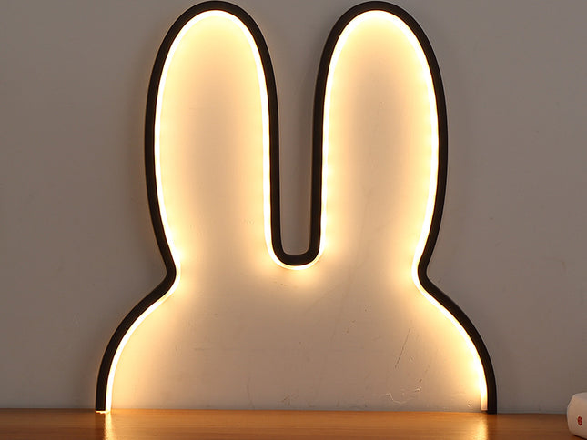 Black 29x30cm Adorable Bunny LED Wall Night Light - USB Powered Warm White Lamp for Kids Room Decor