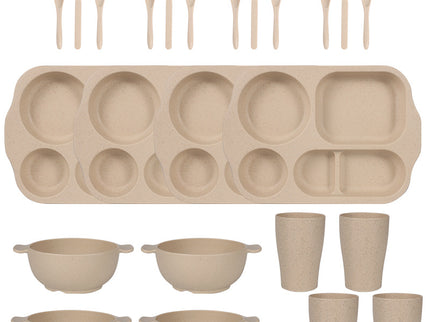 Beige Durable Eco-Friendly Wheat Straw Dinnerware Set - 24 Pieces with Plates, Bowls, Cups & Cutlery