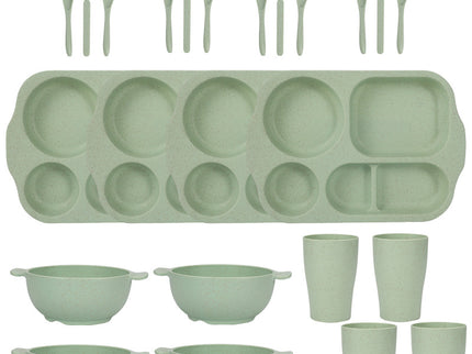 Green Durable Eco-Friendly Wheat Straw Dinnerware Set - 24 Pieces with Plates, Bowls, Cups & Cutlery