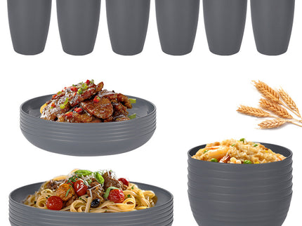 Stylish Dark Grey Wheat Straw Dinnerware Set - 24 Pieces Including Plates, Bowls & Cups