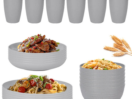 Stylish Light Grey Wheat Straw Dinnerware Set - 24 Pieces Including Plates, Bowls & Cups