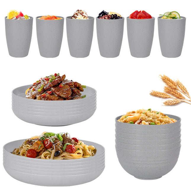 Stylish Light Grey Wheat Straw Dinnerware Set - 24 Pieces Including Plates, Bowls & Cups
