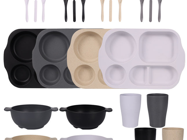 Black, Dark Grey, White, Beige Durable Eco-Friendly Wheat Straw Dinnerware Set - 24 Pieces with Plates, Bowls, Cups & Cutlery