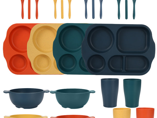 Macaron 4 Colours Durable Eco-Friendly Wheat Straw Dinnerware Set - 24 Pieces with Plates, Bowls, Cups & Cutlery