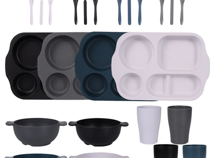 Black, Dark Grey, White, Dark Blue Durable Eco-Friendly Wheat Straw Dinnerware Set - 24 Pieces with Plates, Bowls, Cups & Cutlery