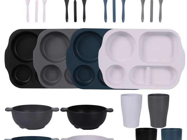 Black, Dark Grey, White, Dark Blue Durable Eco-Friendly Wheat Straw Dinnerware Set - 24 Pieces with Plates, Bowls, Cups & Cutlery