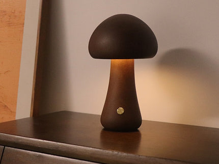 Dark Brown Solid Wood Mushroom LED Table Lamp - Rechargeable Touch Control Bedside Night Light (Large)