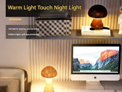 Dark Brown Solid Wood Mushroom LED Table Lamp - Rechargeable Touch Control Bedside Night Light (Large)