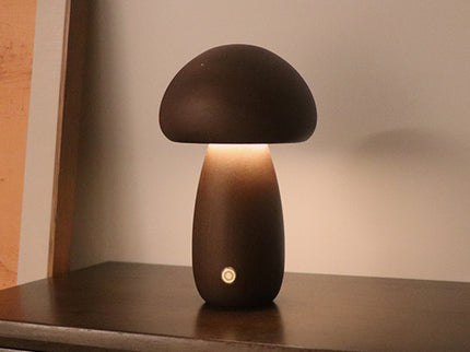 Dun-dun Model Dark Brown Solid Wood Mushroom LED Table Lamp - Rechargeable Touch Control Bedside Night Light (Large)