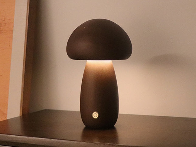 Dun-dun Model Dark Brown Solid Wood Mushroom LED Table Lamp - Rechargeable Touch Control Bedside Night Light (Large)