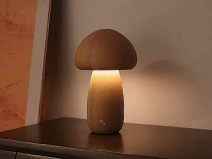 Dun-dun Model Brown Solid Wood Mushroom LED Table Lamp - Rechargeable Touch Control Bedside Night Light (Large)