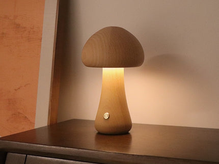Brown Solid Wood Mushroom LED Table Lamp - Rechargeable Touch Control Bedside Night Light (Large)