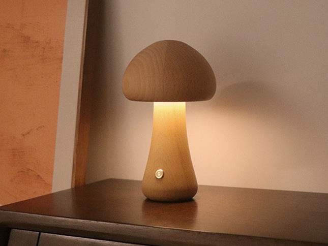 Brown Solid Wood Mushroom LED Table Lamp - Rechargeable Touch Control Bedside Night Light (Large)