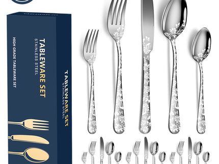 Silver Elegant 20-Piece Stainless Steel Cutlery Set with Floral Design - Dinner & Steak Knives, Forks, Spoons
