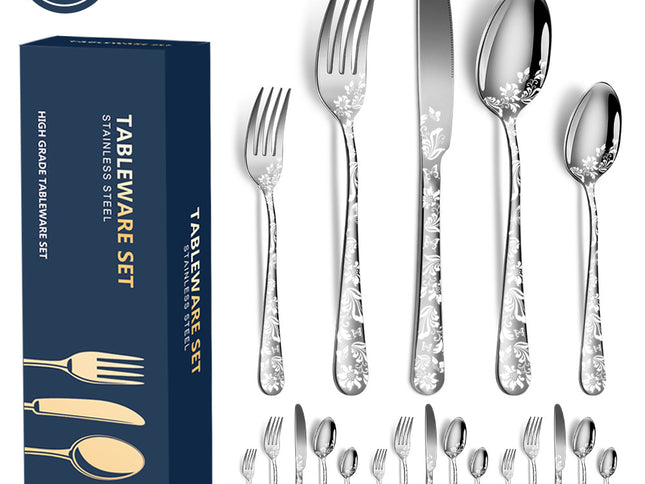 Silver Elegant 20-Piece Stainless Steel Cutlery Set with Floral Design - Dinner & Steak Knives, Forks, Spoons