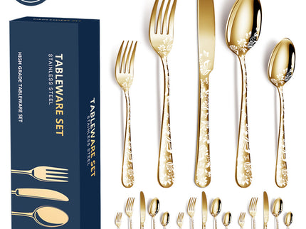 Gold Elegant 20-Piece Stainless Steel Cutlery Set with Floral Design - Dinner & Steak Knives, Forks, Spoons