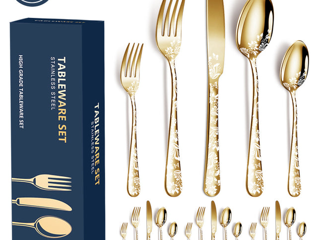 Gold Elegant 20-Piece Stainless Steel Cutlery Set with Floral Design - Dinner & Steak Knives, Forks, Spoons