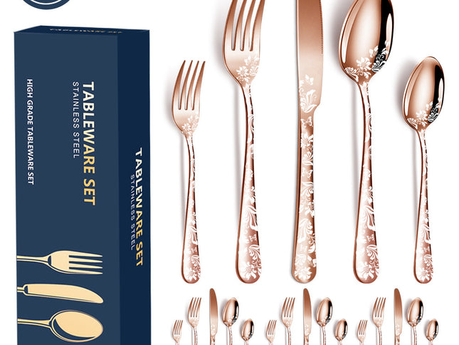 Rose Gold Elegant 20-Piece Stainless Steel Cutlery Set with Floral Design - Dinner & Steak Knives, Forks, Spoons
