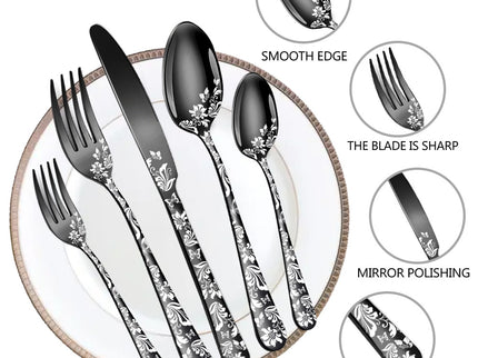 Rose Gold Elegant 20-Piece Stainless Steel Cutlery Set with Floral Design - Dinner & Steak Knives, Forks, Spoons