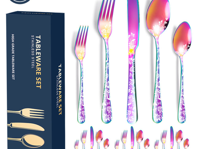 Multicolor Elegant 20-Piece Stainless Steel Cutlery Set with Floral Design - Dinner & Steak Knives, Forks, Spoons