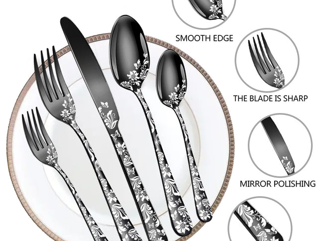 Multicolor Elegant 20-Piece Stainless Steel Cutlery Set with Floral Design - Dinner & Steak Knives, Forks, Spoons